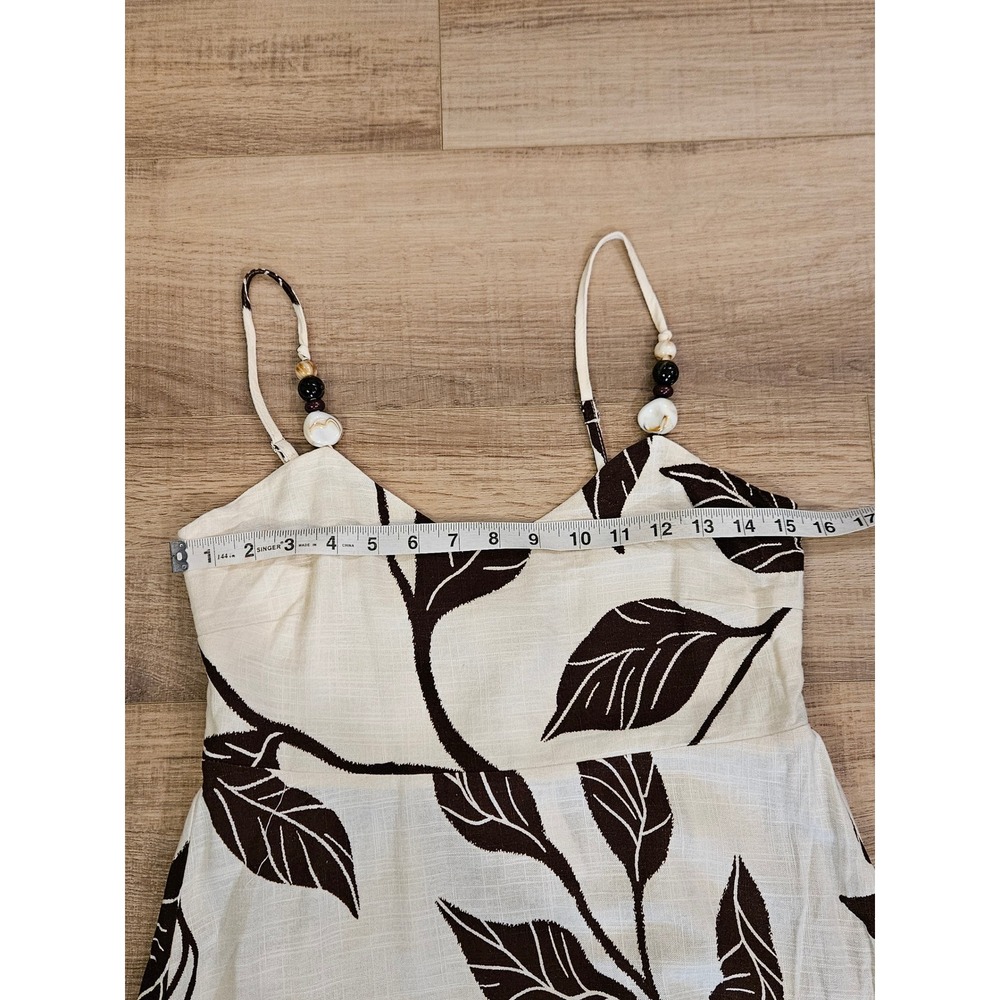 Able The Label Linen Blend Maxi Dress M Brown Cream Leaf Print Beaded NWT Boho - Picture 6 of 8